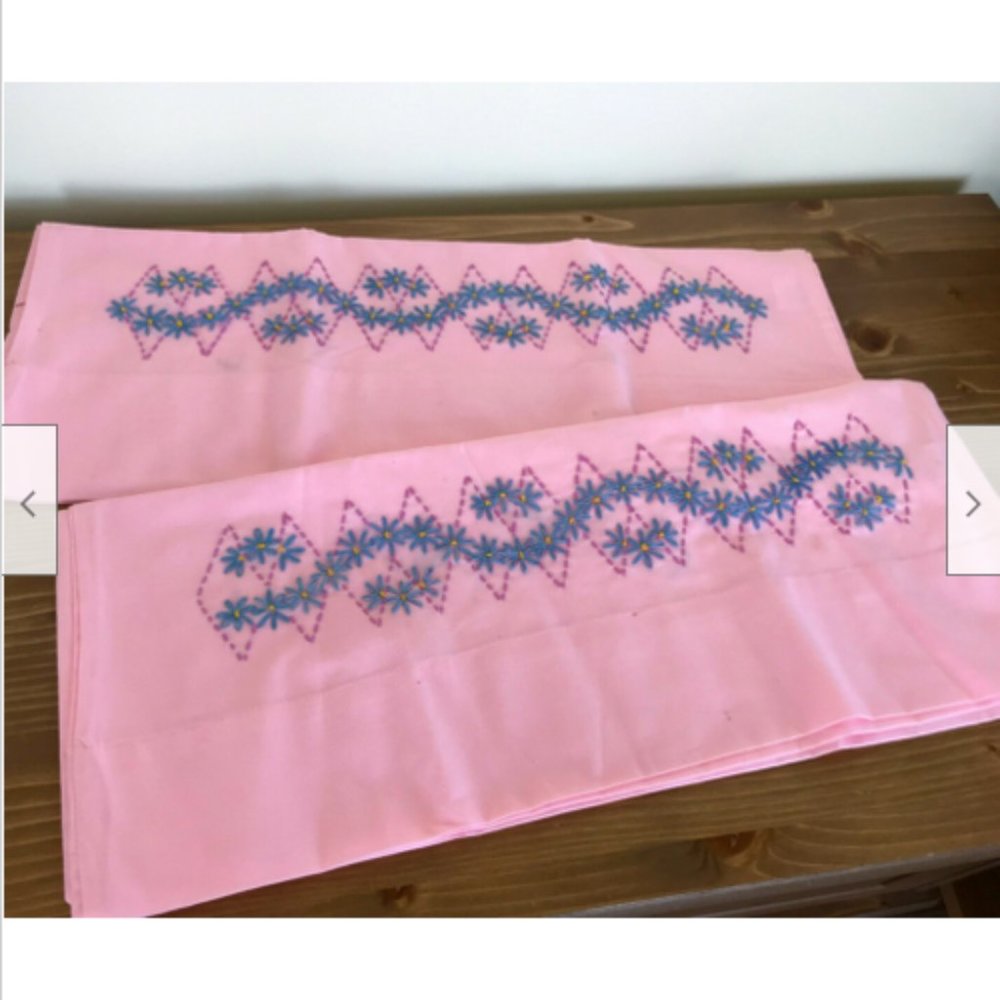 Pink Hand Embroidered Pillowcases with Blue Flower Design Set of 2 Vintage 19x30
